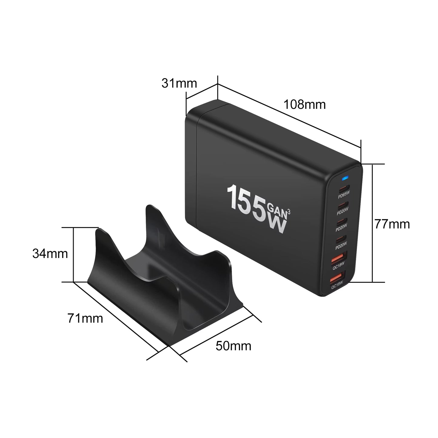 New 155W Gan Desktop Charger 6-Port USB Type C PD Charger Fast Charge 3.0 Fast Charger Mobile USB Charger